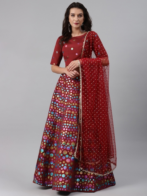 

SHUBHKALA Maroon & Blue Printed Semi-Stitched Lehenga & Blouse with Dupatta