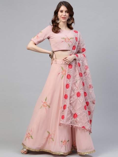 

SHUBHKALA Pink Semi-Stitched Mukaish Work Floral Print Lehenga & Blouse with Dupatta