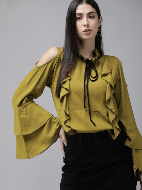 

The Dry State Olive Green Cold-Shoulder Bell Sleeves Ruffled Regular Top