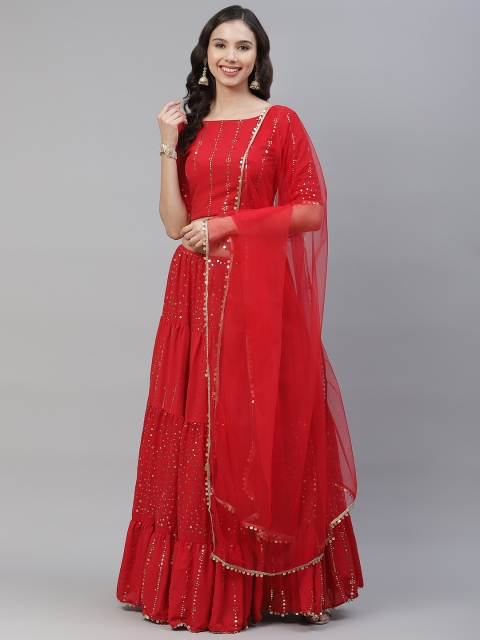 

SHUBHKALA Red Embellished Semi-Stitched Lehenga & Unstitched Blouse With Dupatta
