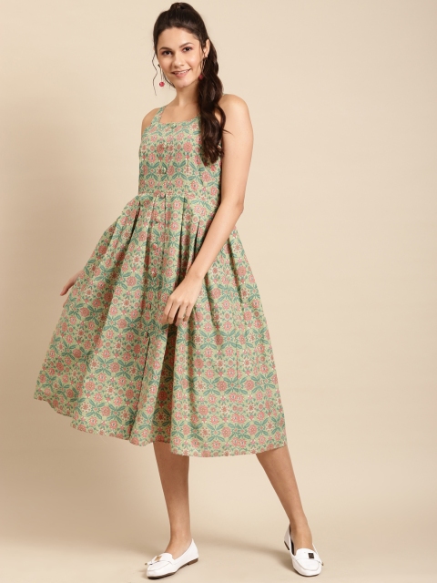 

MABISH by Sonal Jain Women Green & Coral Pink Floral Print Cotton Fit and Flare Dress