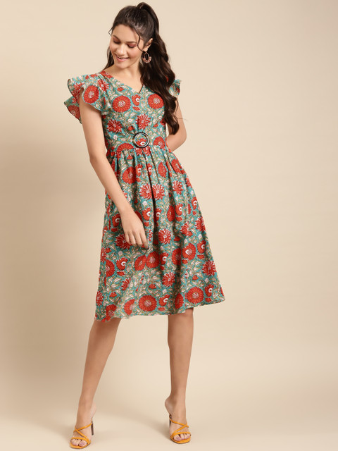 

MABISH by Sonal Jain Women Sea Green & Orange Cotton Printed A-Line Dress