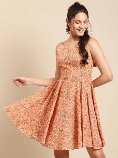 

MABISH by Sonal Jain Women Orange & Pink Pure Cotton Printed Fit & Flare Dress