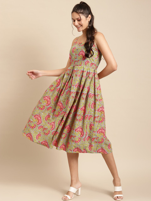 

MABISH by Sonal Jain Women Grey & Red Cotton Printed A-Line Dress