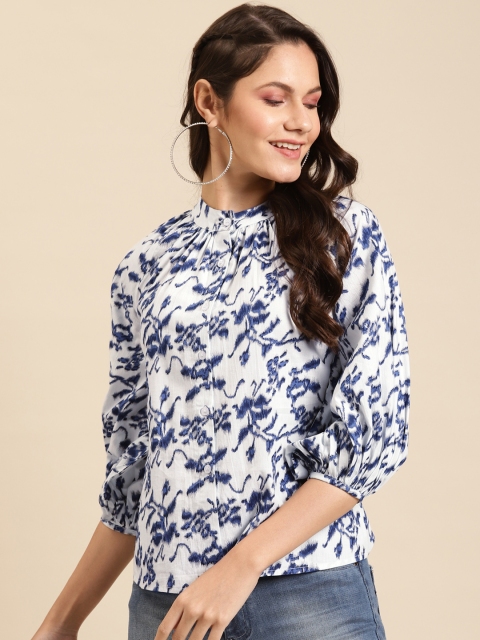 

MABISH by Sonal Jain Off White & Navy Blue Printed Mandarin Collar Puff Sleeves Top
