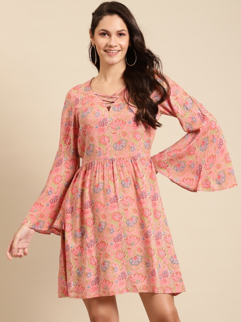 

MABISH by Sonal Jain Women Peach-Coloured Pure Cotton Printed A-Line Dress