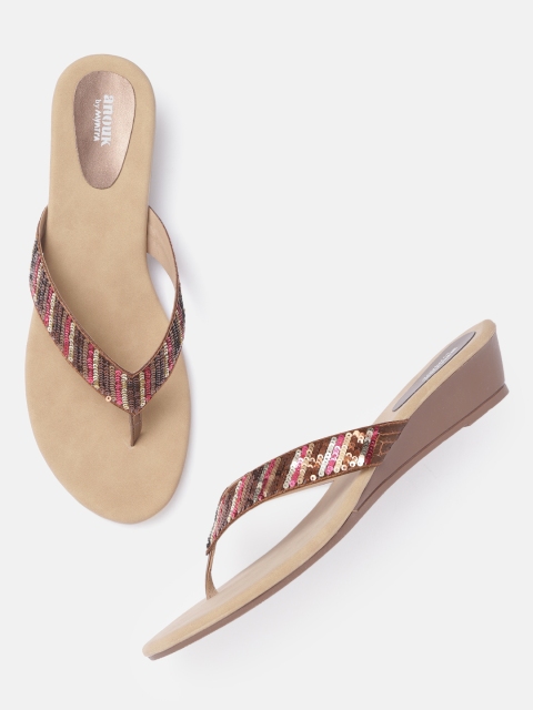

Anouk Coffee Brown & Pink Striped Sequinned Wedges
