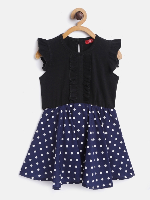 

Rute Girls Black & Navy Blue Polka Dot Print Ruffle A-Line Dress