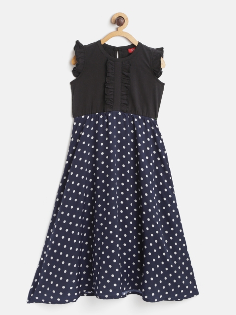 

Rute Girls Black & Navy Blue Polka Dot Print Ruffle Maxi Dress