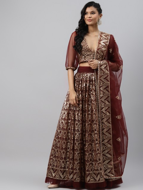

Readiprint Fashions Maroon & Gold-Toned Embellished Semi-Stitched Lehenga & Unstitched Blouse with Dupatta