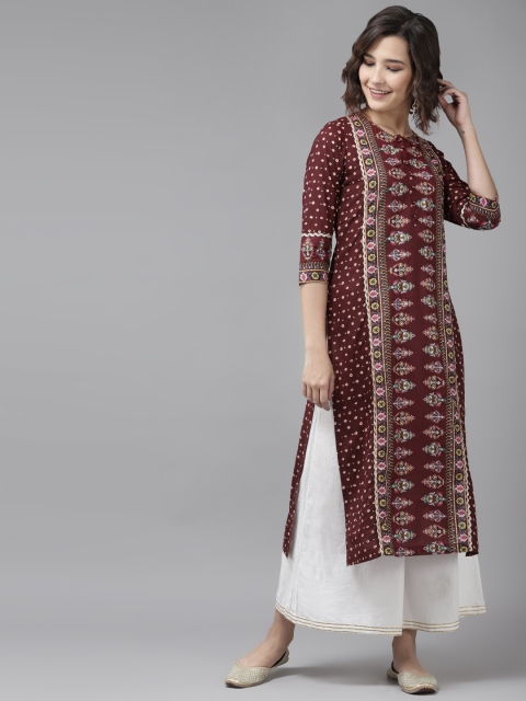 

Rain & Rainbow Women Maroon & Green Ethnic Motifs Print Straight Cotton Kurta