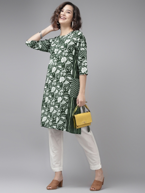 

Rain & Rainbow Women Green & White Floral Print Straight Cotton Kurta