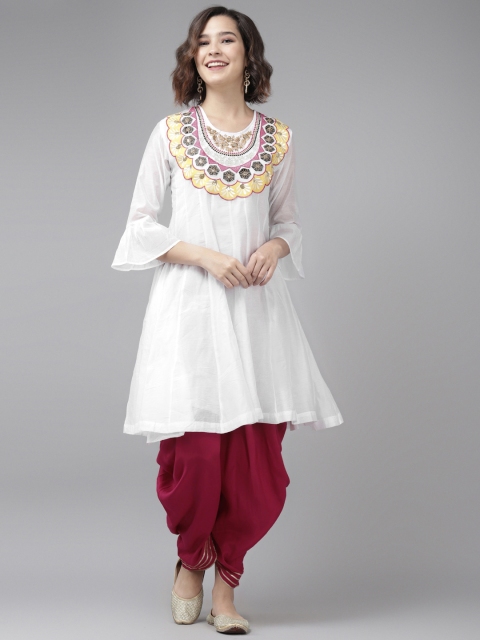 

Rain & Rainbow Women White & Yellow Yoke Design Kurta with Dhoti Pants