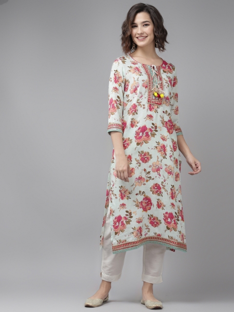 

Rain & Rainbow Women Sea Green & Pink Floral Print Thread Work Straight Kurta