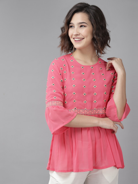 

Rain & Rainbow Women Pink & Beige Geometric Embroidered Georgette A-Line Top