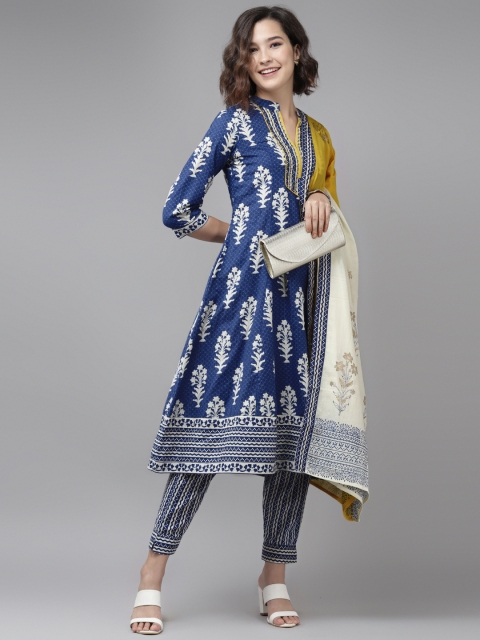 

Rain & Rainbow Women Navy Blue & Off-White Printed Cotton Kurta with Trousers & Dupatta