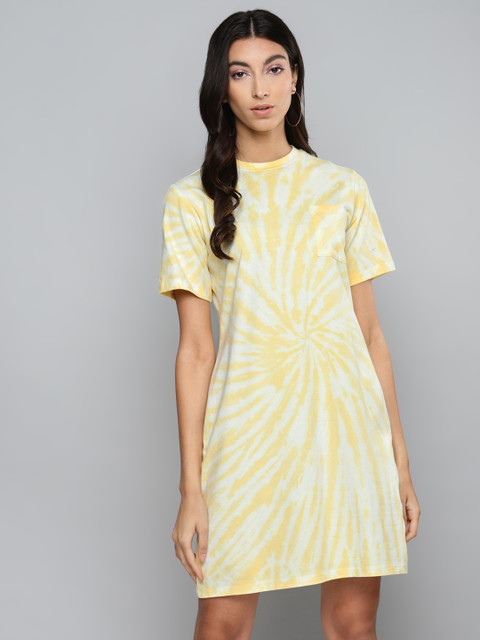 

Femella Women Yellow & White Dyed T-shirt Dress