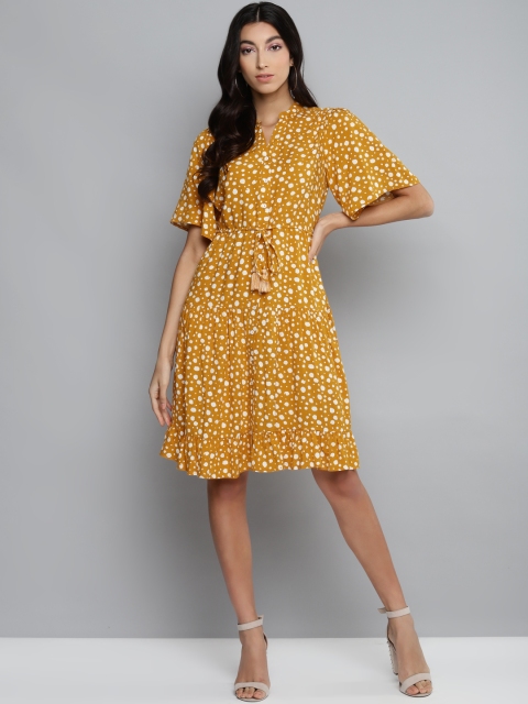 

Femella Women Mustard Yellow & White Printed A-Line Dress