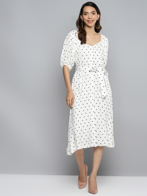 

Femella Women White & Black Polka Dots Print A-Line Dress With Puff Sleeves