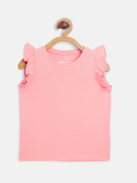 

Marks & Spencer Girls Pink Sustainable Solid Flutter Sleeves Pure Cotton Regular Top