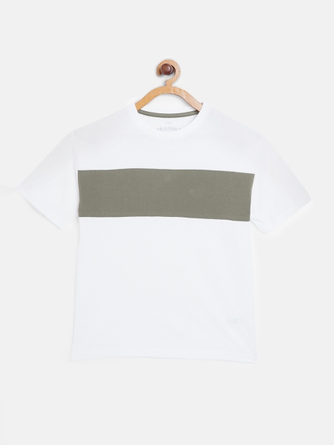 

Marks & Spencer Boys White & Olive Green Sustainable Colourblock Cotton Round Neck T-shirt