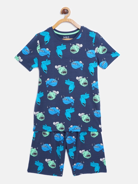 

Marks & Spencer Boys Navy Blue & Green Shark Print Sustainable Night suit