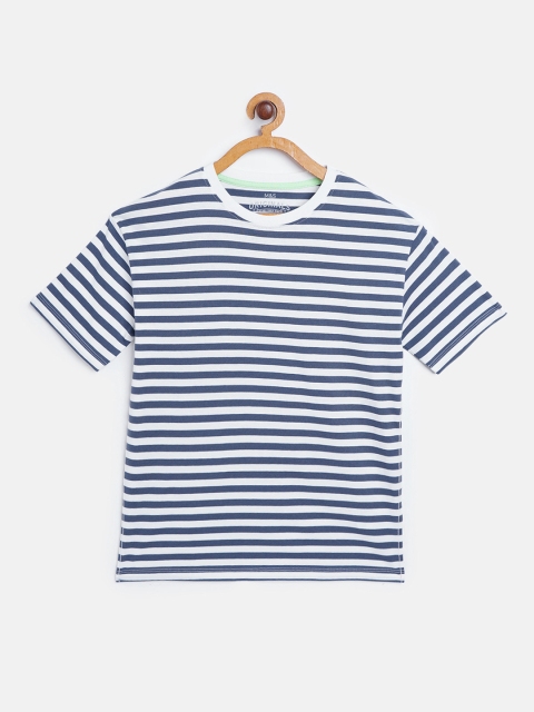 

Marks & Spencer Boys White & Navy Blue Sustainable Striped Pure Cotton Round Neck T-shirt