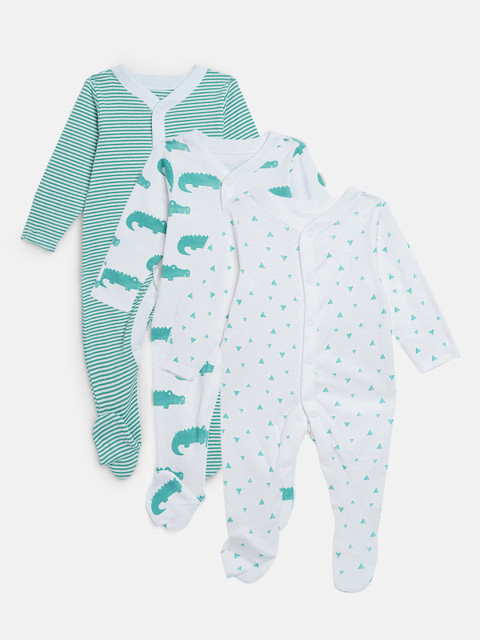 

Marks & Spencer Kids Pack of 3 White & Sea Green Printed Organic Cotton Sleepsuits