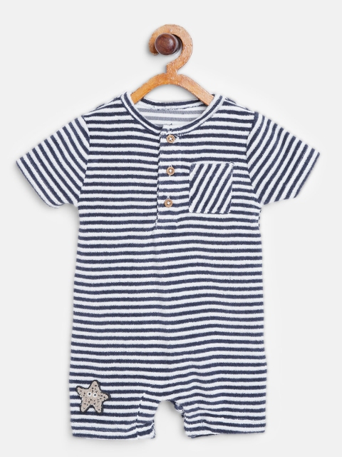 

Marks & Spencer Kids Navy Blue & White Sustainable Towelling Fabric Finish Striped Rompers