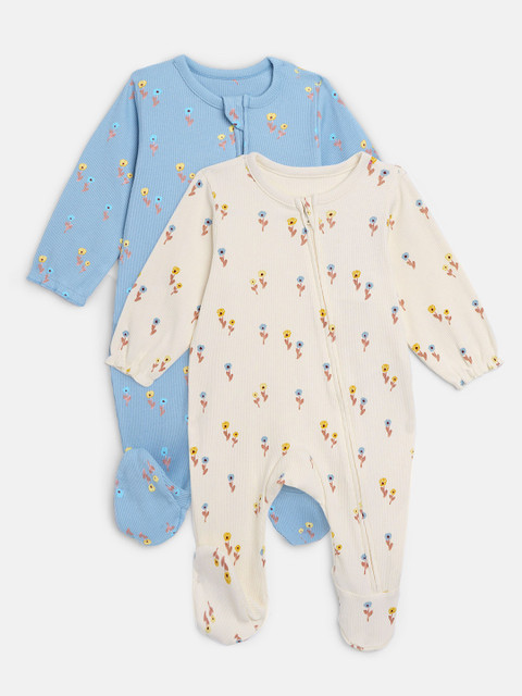 

Marks & Spencer Infant Kids Pack of 2 Floral Print Ribbed Sleepsuits, Blue