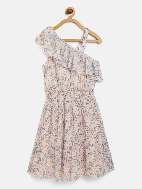 

Marks & Spencer Girls Pink & Blue Ditsy Floral Print Ruffled One-Shoulder A-Line Dress