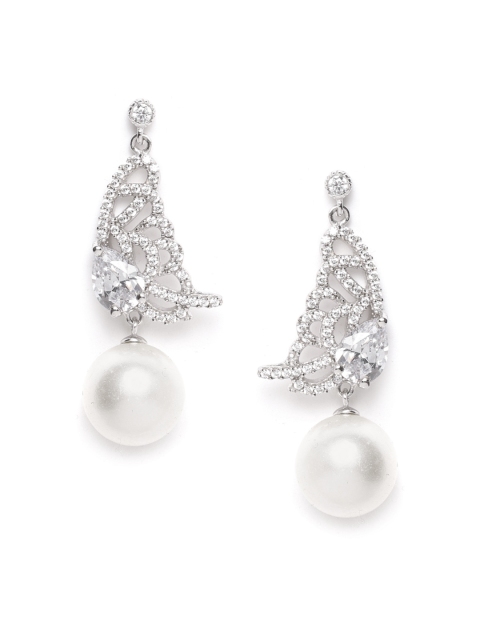 

Carlton London Silver-Toned & White Rhodium-Plated Studded & Beaded Drop Earrings