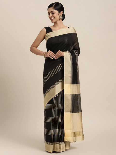 

Rajesh Silk Mills Black & Beige Checked Silk Cotton Saree