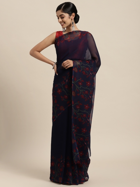 

Rajesh Silk Mills Navy Blue & Red Floral Art Silk Saree