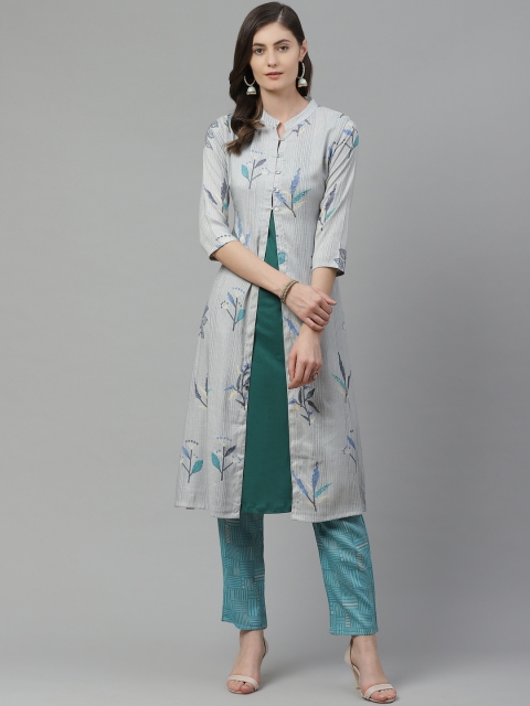 

Sbo Fashion Women Grey & Green Striped Front-Slit A-Line Kurta with Trousers
