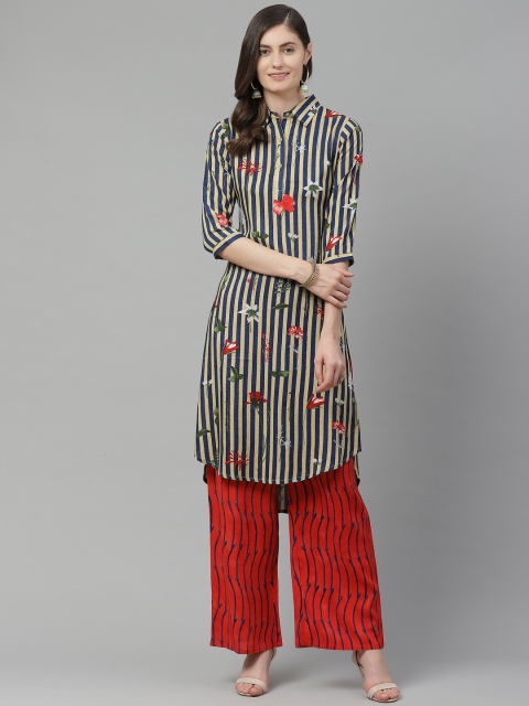 

Sbo Fashion Women Navy Blue & Beige Striped Kurta with Palazzos