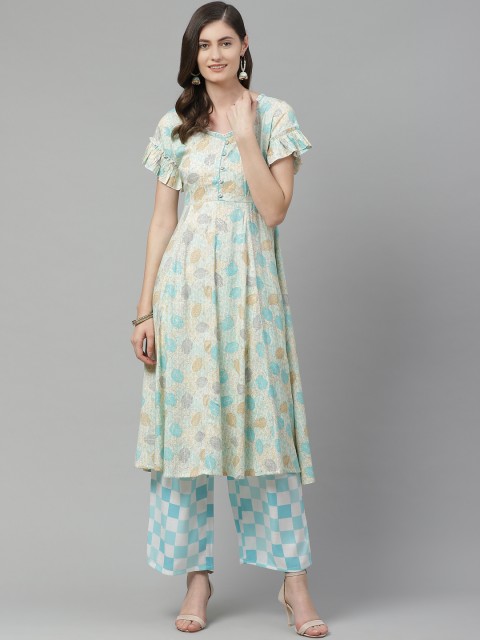 

Sbo Fashion Women Off-White & Blue Printed Kurta with Palazzos
