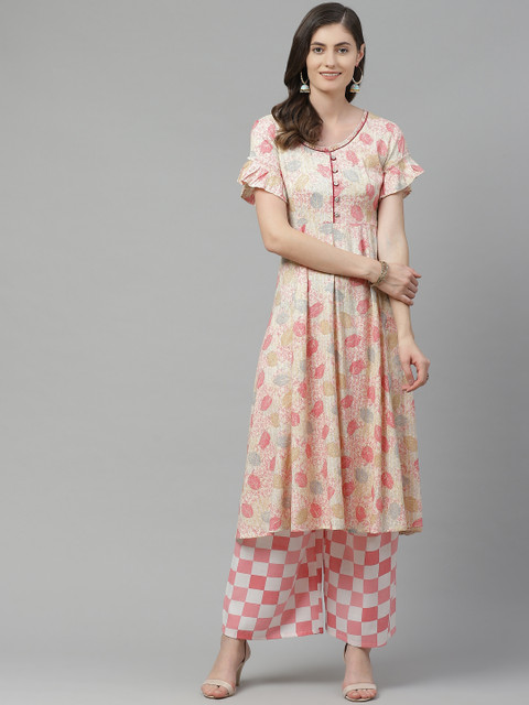 

Sbo Fashion Women Cream-Coloured & Pink Printed Kurta with Palazzos