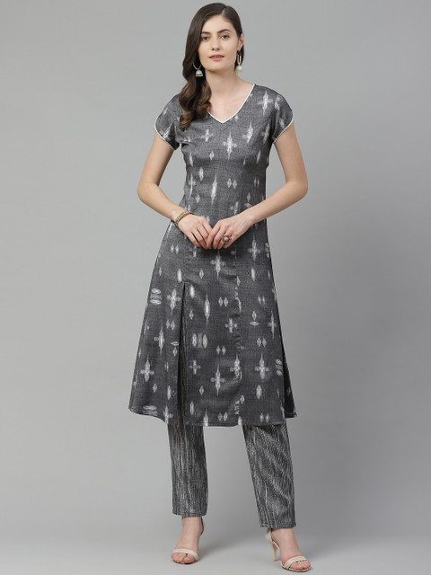 

Sbo Fashion Women Charcoal Grey & Off-White Pure Cotton Printed Kurta with Palazzos