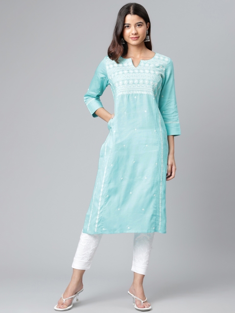 

akheri Women Blue & White Ethnic Motifs Embroidered Pure Cotton Chikankari Kurta