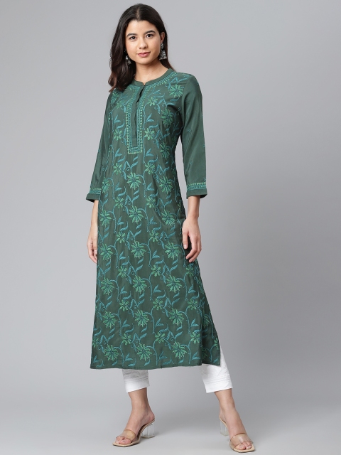 

akheri Women Green Ethnic Motifs Embroidered Chikankari Mukaish Straight Kurta