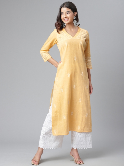 

akheri Women Yellow & White Handloom Cotton Chikankari Embroidered Mangalgiri Kurta