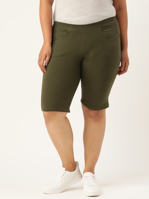 

Revolution Women Olive Green Pure Cotton Solid Regular Fit High Rise Shorts