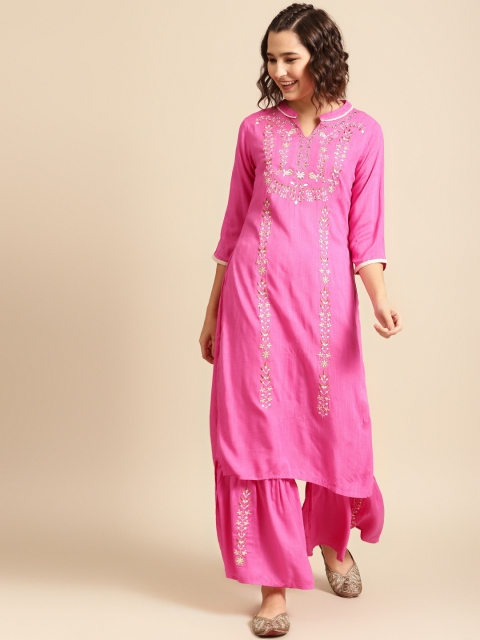 

FASHOR Women Pink & Golden Zari Embroidered Straight Kurta with Sharara