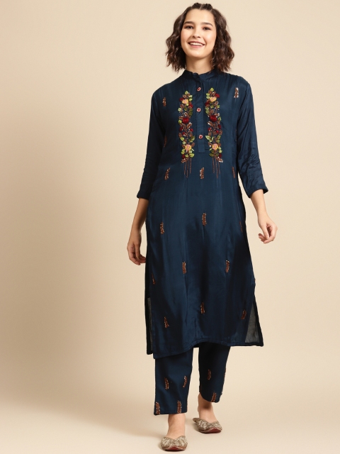 

FASHOR Women Teal Blue & Red Embroidered & Sequinned Straight Kurta with Trousers