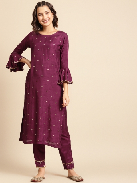 

FASHOR Women Purple & Golden Embroidered & Sequinned Straight Kurta with Trousers