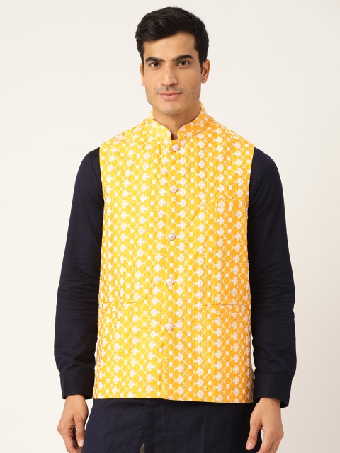

Sojanya Men Yellow Embroidered Nehru Jacket