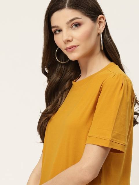 

her by invictus Women Mustard Yellow Solid Round Neck Pure Cotton T-shirt