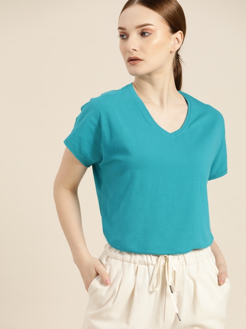 

her by invictus Women Blue Solid V-Neck T-shirt