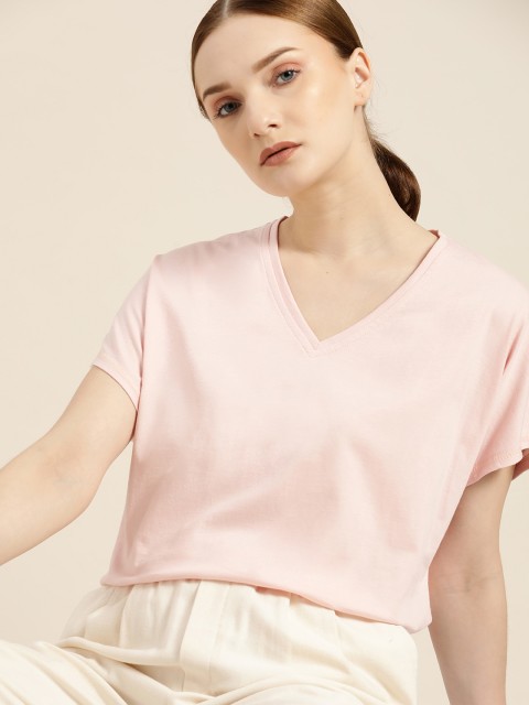 

her by invictus Women Pink Solid V-Neck T-shirt
